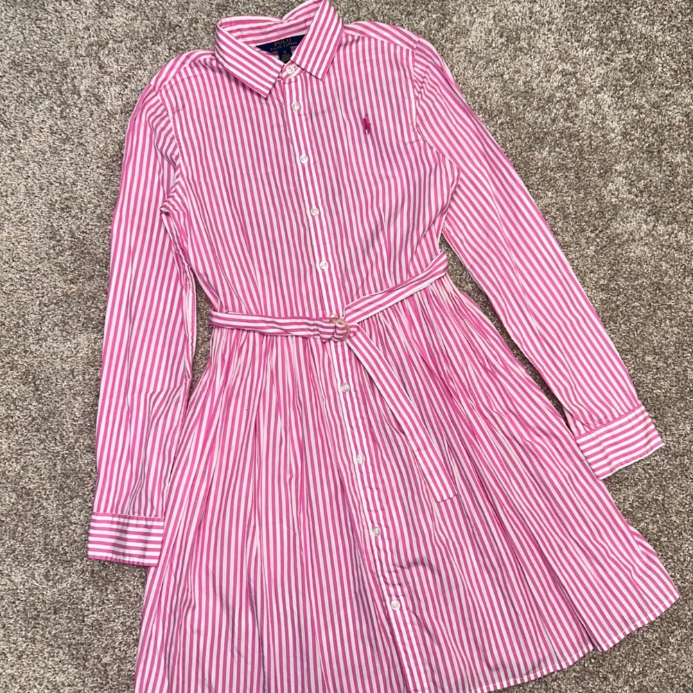 Polo Ralph Lauren Girls Pink White Striped Belted Collared Shirt Dress Size 14
